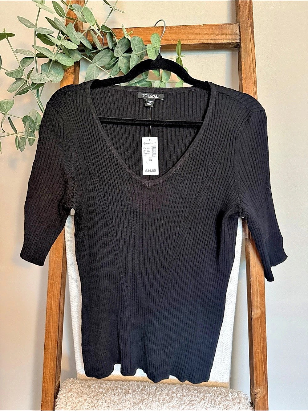 Roz & Ali Ribbed V-Neck Long Sleeve thin gauge sweater in Black Size 1x NWT